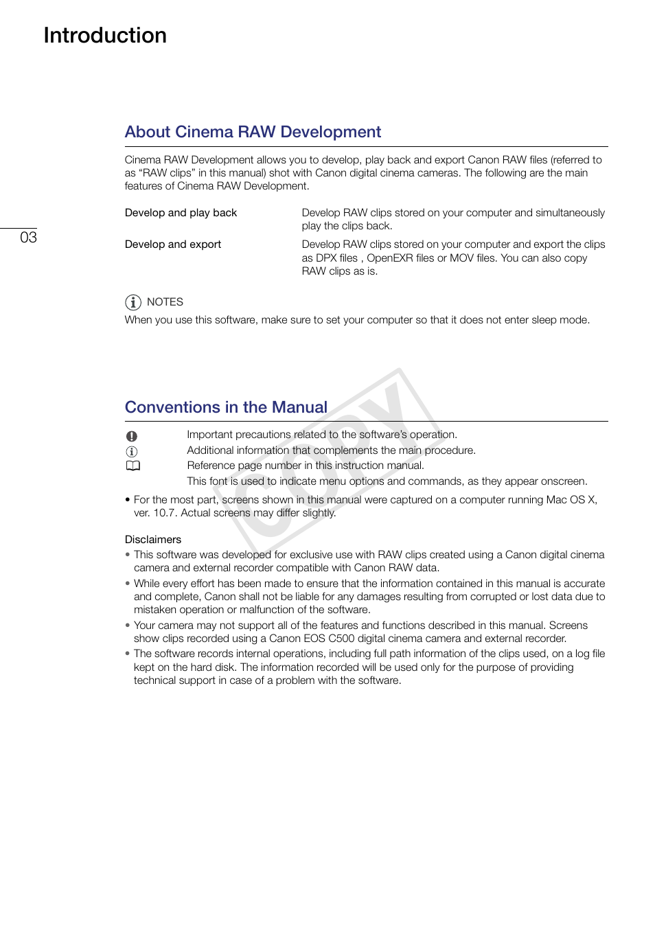 Introduction, About cinema raw development, Conventions in the manual | Cop y | Canon EOS C500 PL User Manual | Page 3 / 24