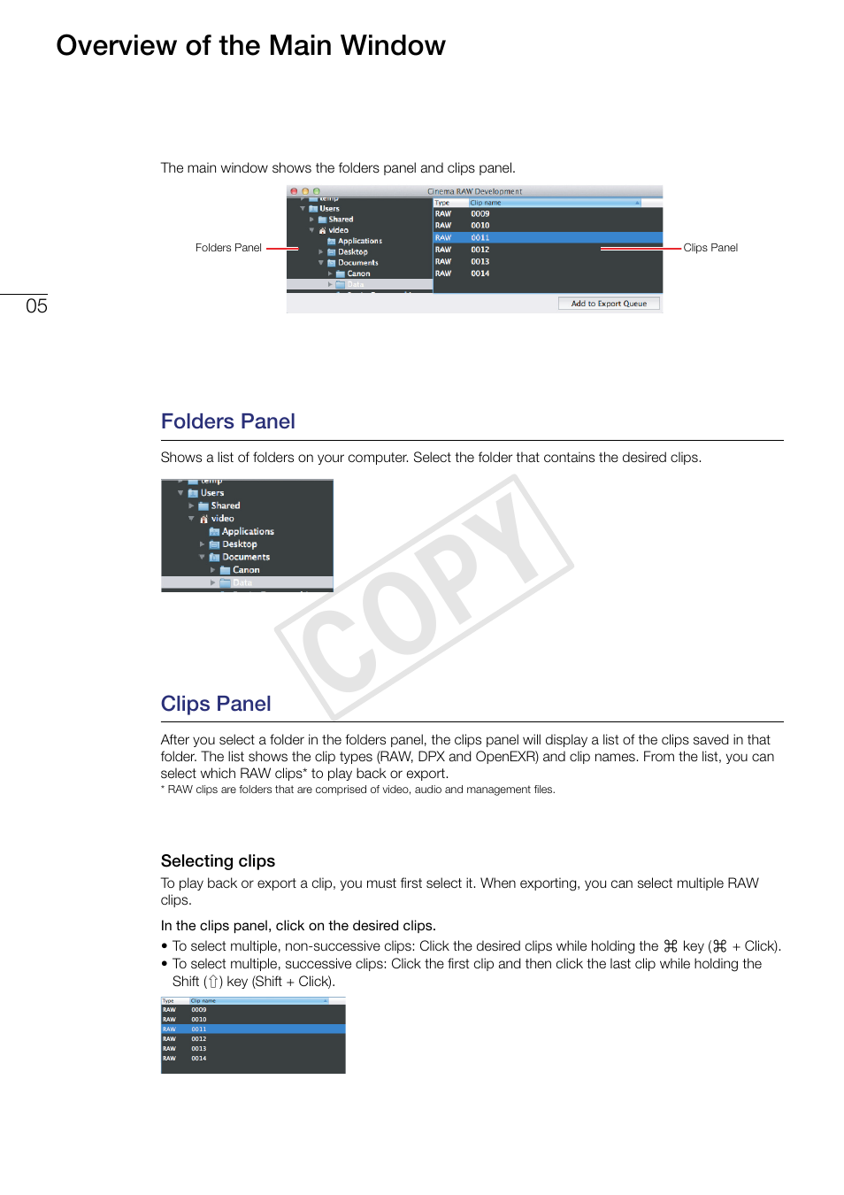 Overview of the main window, Folders panel, Clips panel | Selecting clips, Cop y | Canon EOS C500 PL User Manual | Page 5 / 24