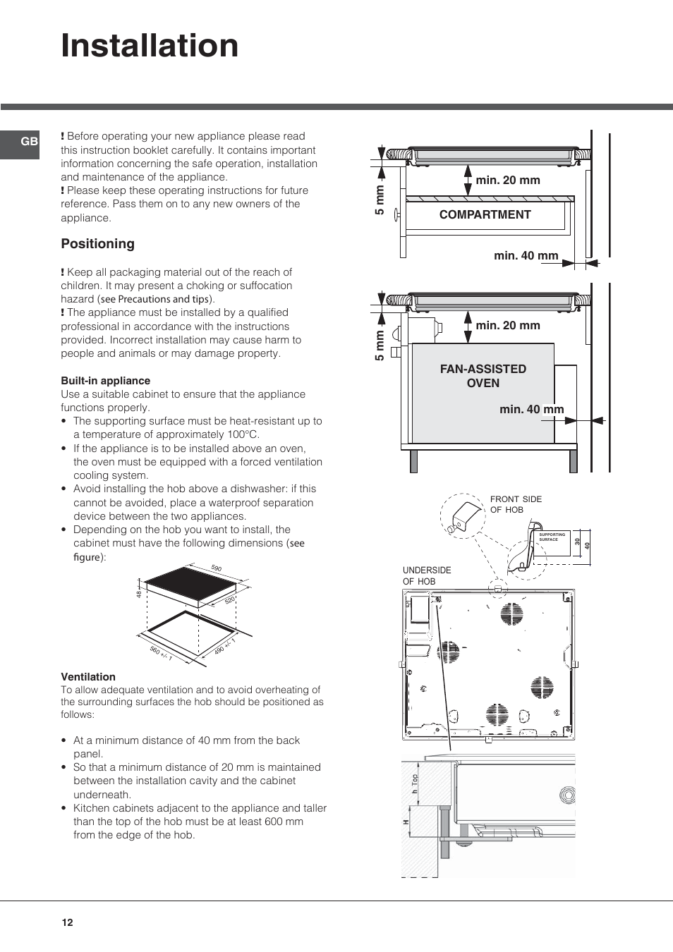 Installation, Positioning | Hotpoint Ariston KIO 633 T Z User Manual | Page 12 / 84