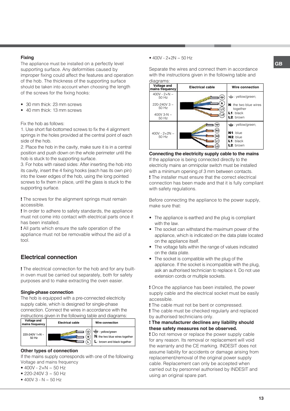 Electrical connection | Hotpoint Ariston KIO 633 T Z User Manual | Page 13 / 84
