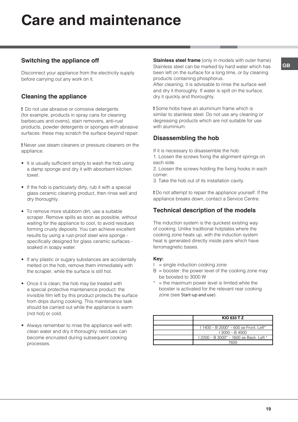 Care and maintenance, Switching the appliance off, Cleaning the appliance | Disassembling the hob, Technical description of the models | Hotpoint Ariston KIO 633 T Z User Manual | Page 19 / 84
