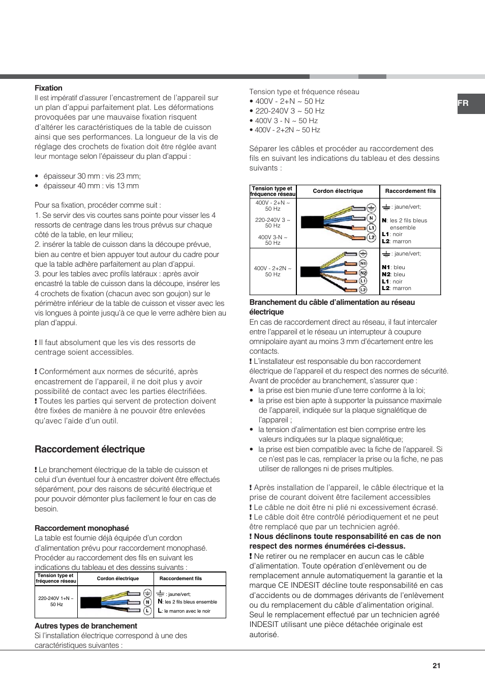 Raccordement électrique | Hotpoint Ariston KIO 633 T Z User Manual | Page 21 / 84