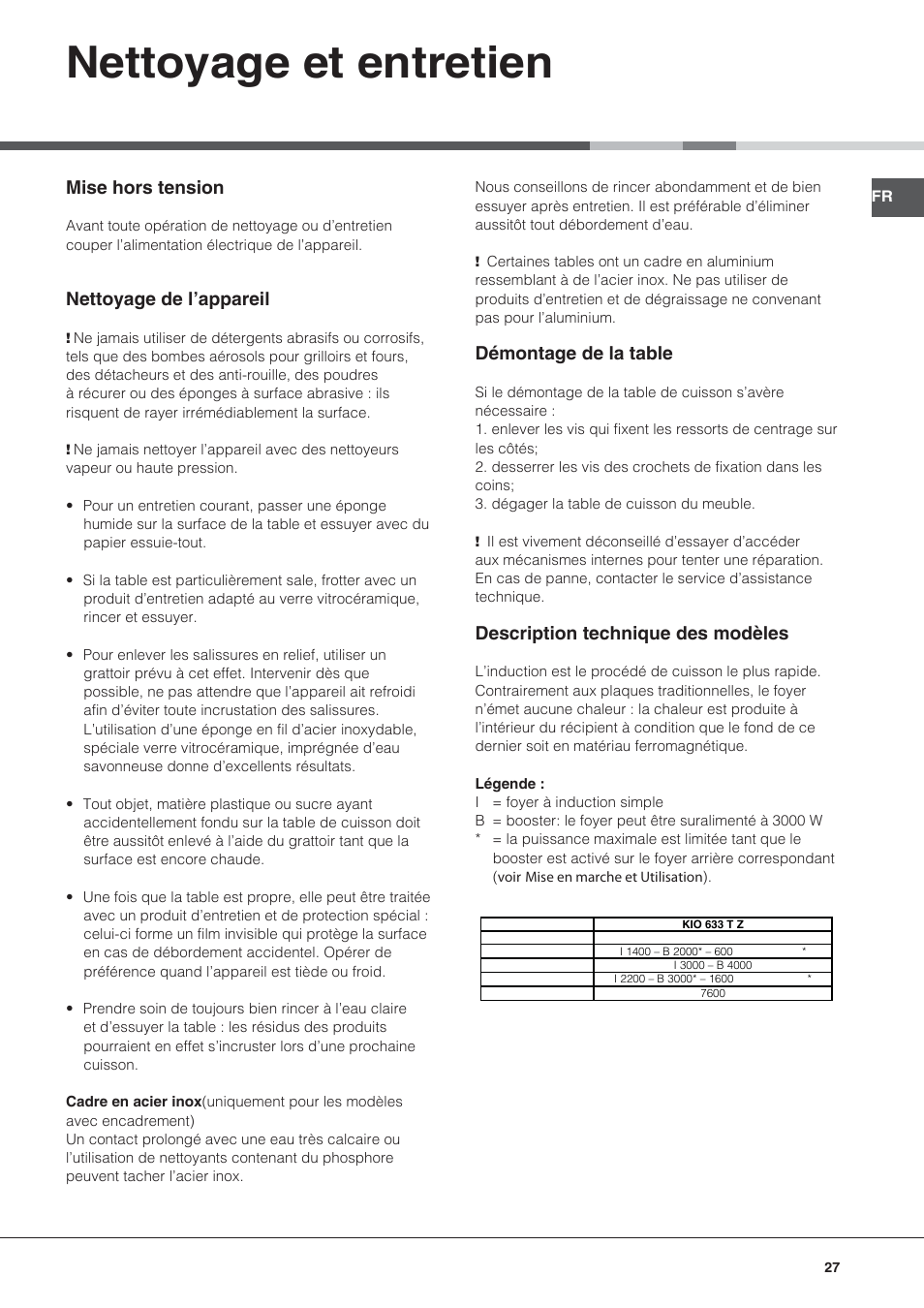 Nettoyage et entretien, Mise hors tension, Nettoyage de l’appareil | Démontage de la table, Description technique des modèles | Hotpoint Ariston KIO 633 T Z User Manual | Page 27 / 84