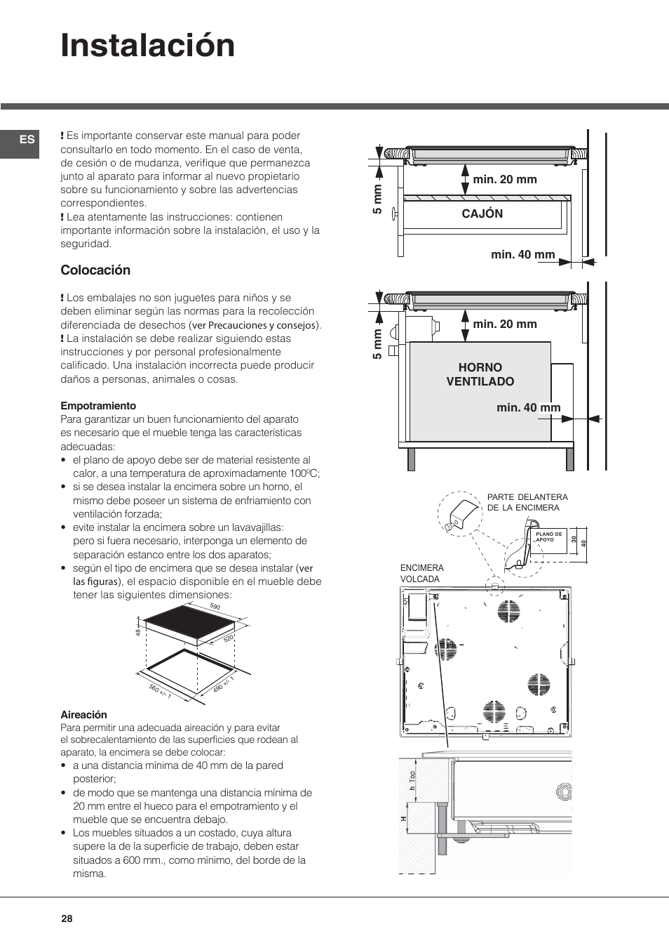Instalación, Colocación | Hotpoint Ariston KIO 633 T Z User Manual | Page 28 / 84