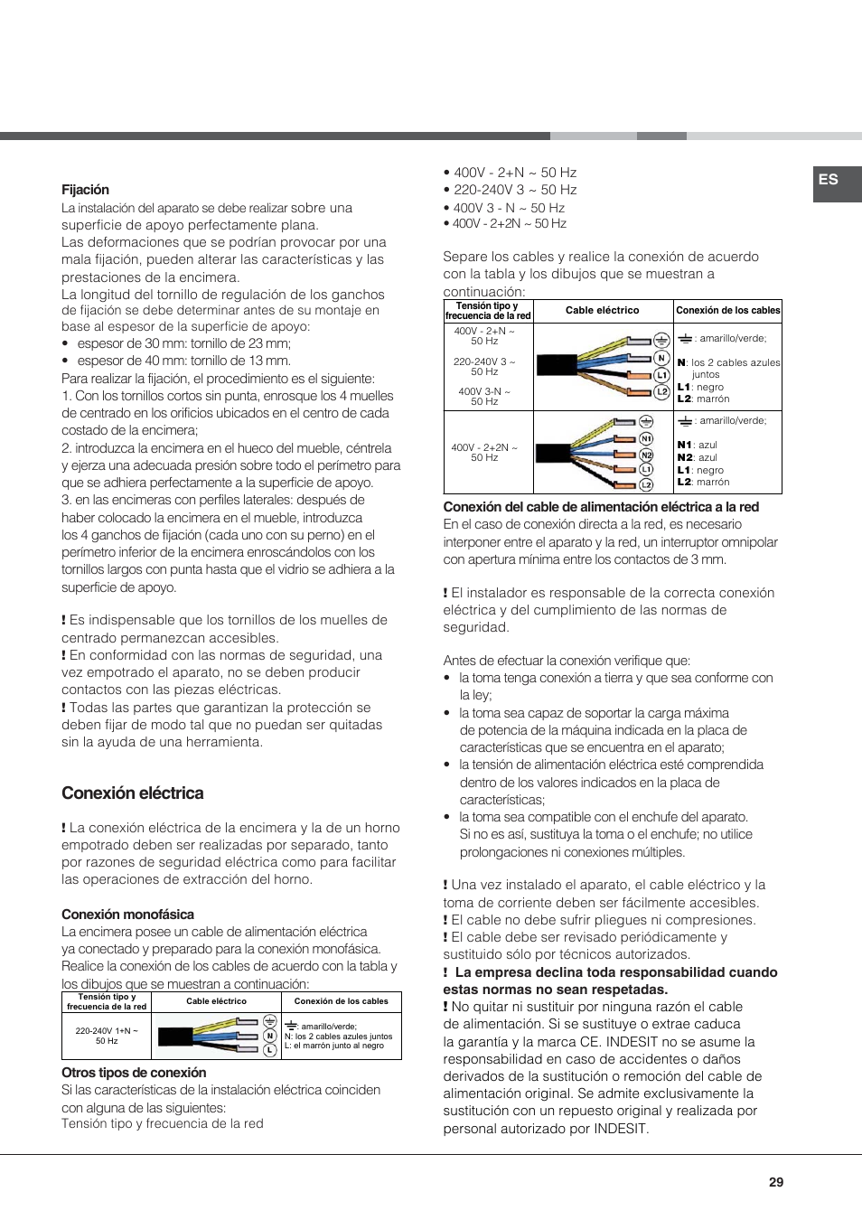 Conexión eléctrica | Hotpoint Ariston KIO 633 T Z User Manual | Page 29 / 84