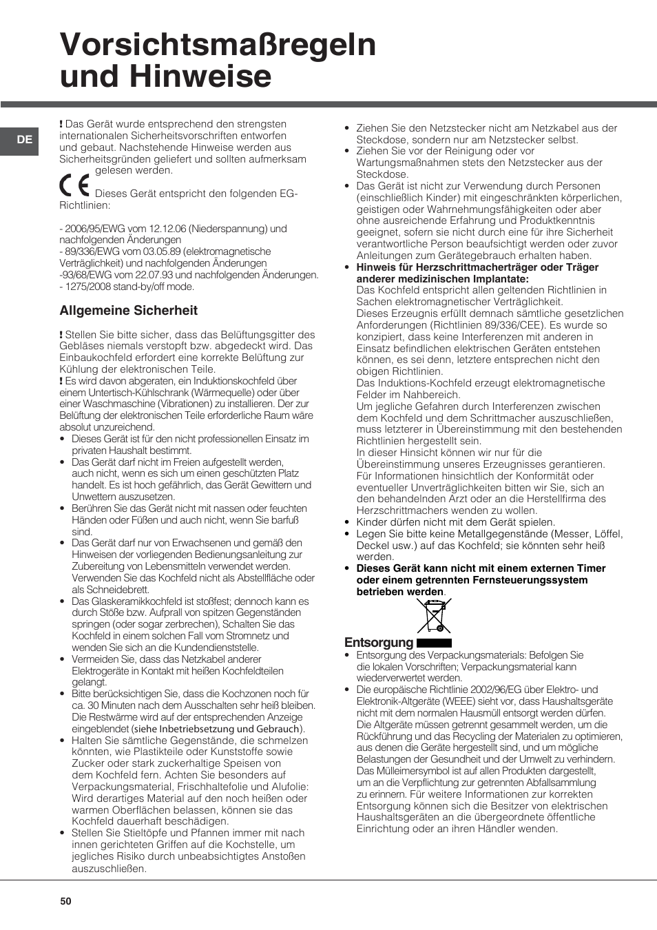 Vorsichtsmaßregeln und hinweise, Allgemeine sicherheit, Entsorgung | Hotpoint Ariston KIO 633 T Z User Manual | Page 50 / 84