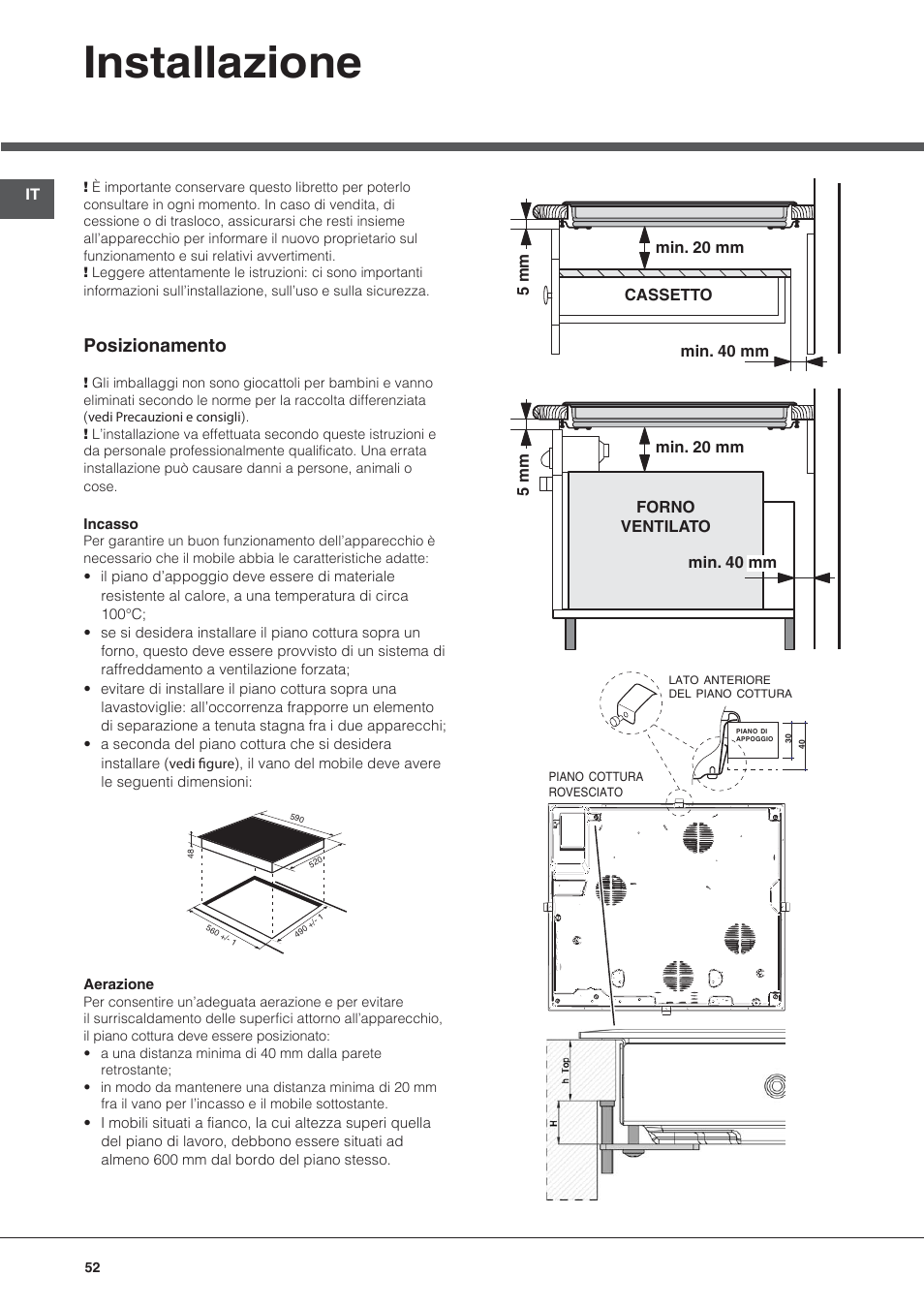 Installazione, Posizionamento | Hotpoint Ariston KIO 633 T Z User Manual | Page 52 / 84