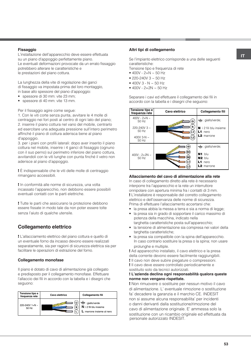 Collegamento elettrico | Hotpoint Ariston KIO 633 T Z User Manual | Page 53 / 84