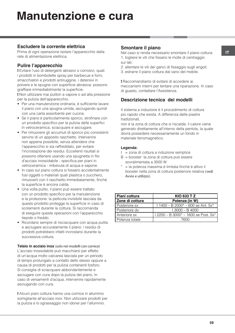 Manutenzione e cura | Hotpoint Ariston KIO 633 T Z User Manual | Page 59 / 84