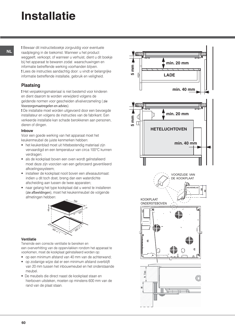 Installatie, Plaatsing | Hotpoint Ariston KIO 633 T Z User Manual | Page 60 / 84