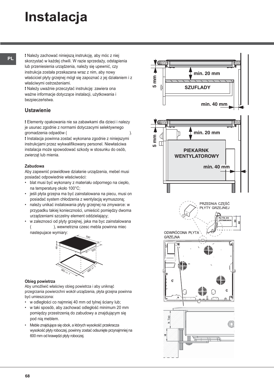 Instalacja, Ustawienie | Hotpoint Ariston KIO 633 T Z User Manual | Page 68 / 84