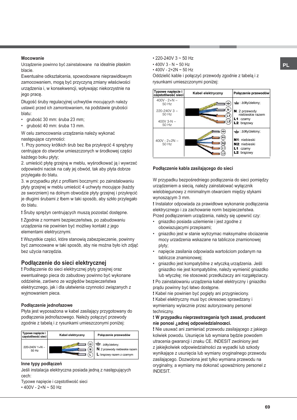 Podłączenie do sieci elektrycznej | Hotpoint Ariston KIO 633 T Z User Manual | Page 69 / 84