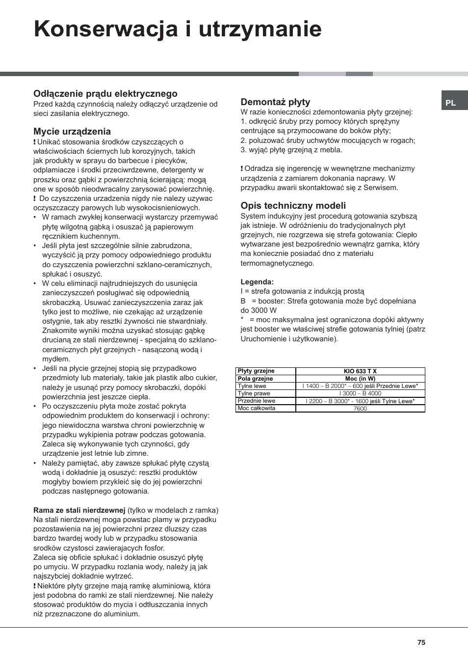 Konserwacja i utrzymanie, Odłączenie prądu elektrycznego, Mycie urządzenia | Demontaż płyty, Opis techniczny modeli | Hotpoint Ariston KIO 633 T Z User Manual | Page 75 / 84