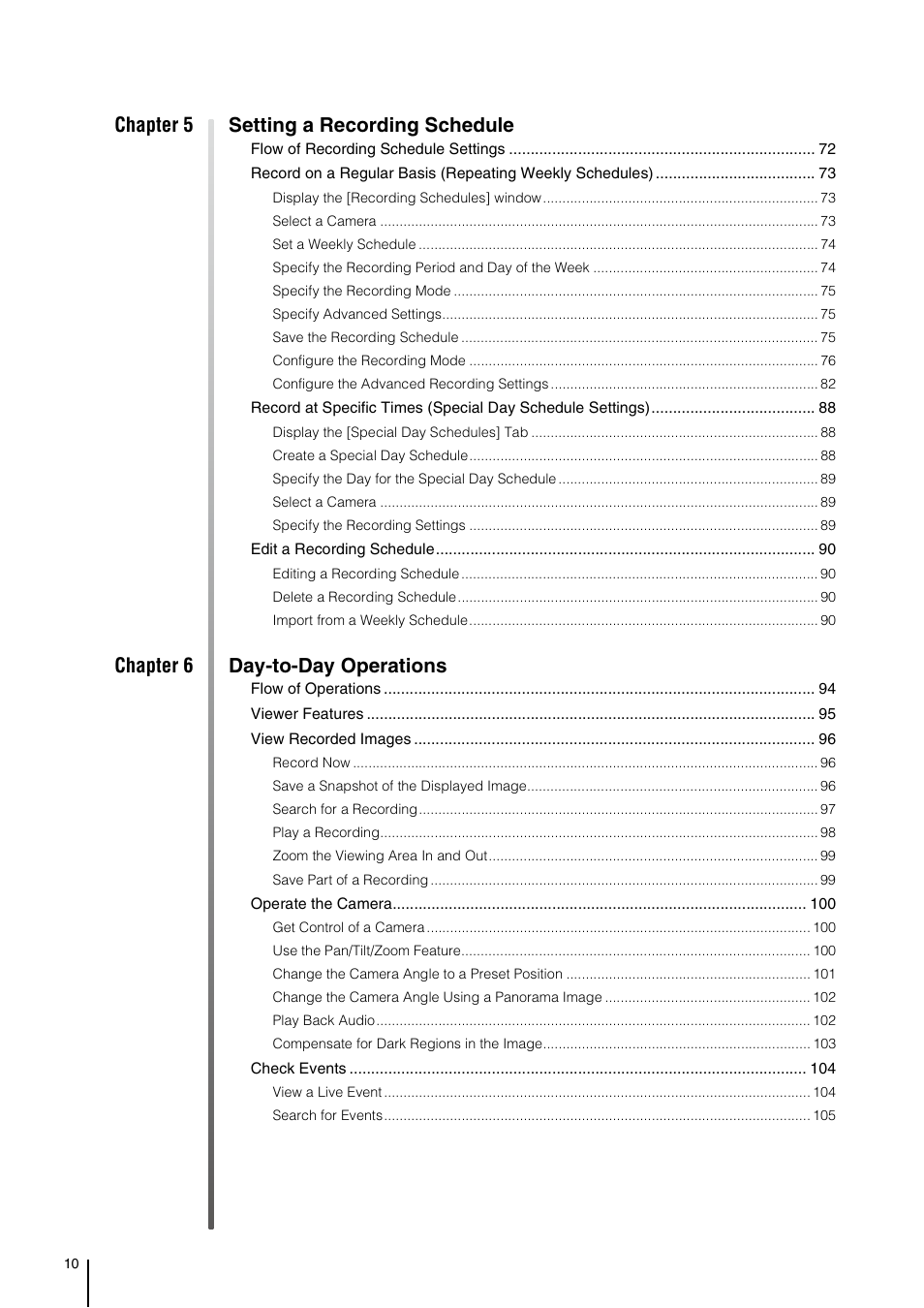 Chapter 5 setting a recording schedule, Chapter 6 day-to-day operations | Canon RM-Software User Manual | Page 10 / 138