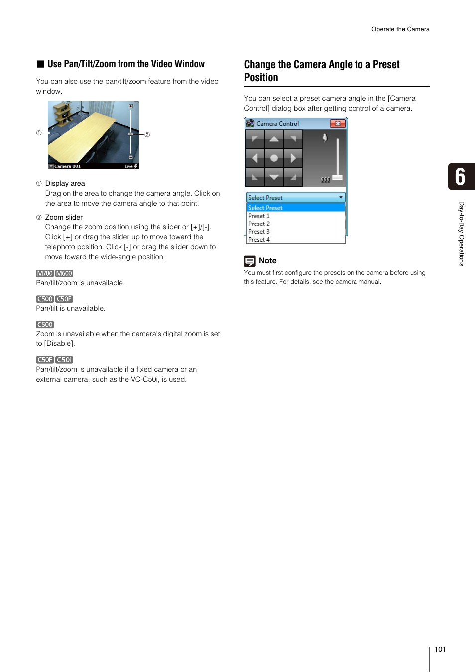 Change the camera angle to a preset position, P. 101), Use pan/tilt/zoom from the video window | Canon RM-Software User Manual | Page 101 / 138