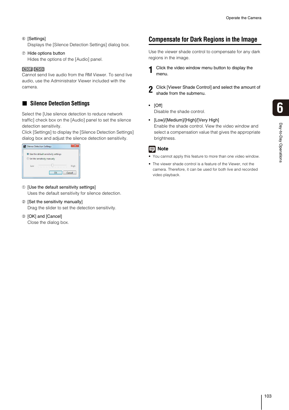 Compensate for dark regions in the image, E (p. 103), Silence detection settings | Canon RM-Software User Manual | Page 103 / 138