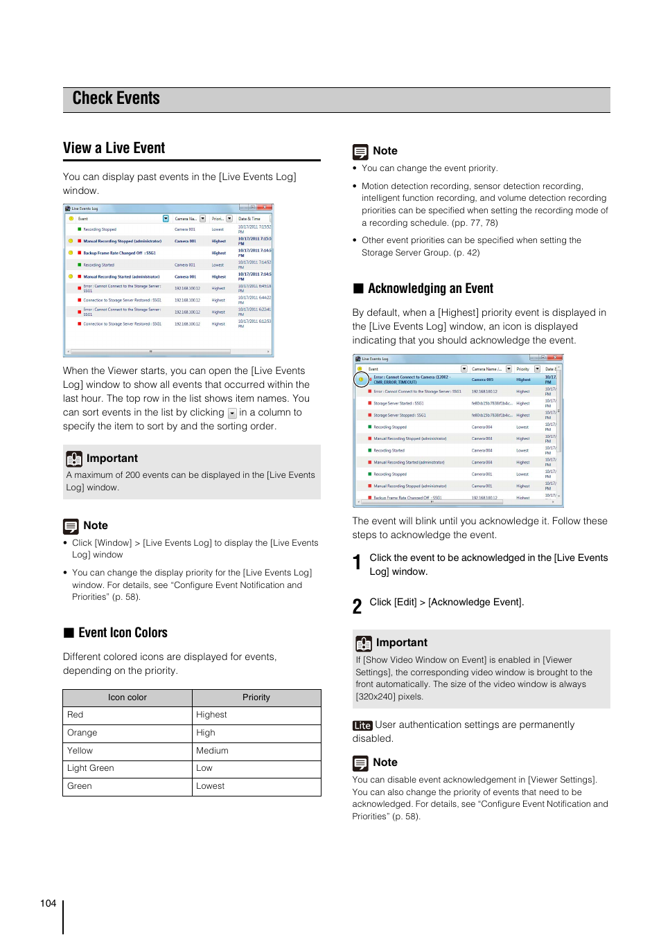 Check events, View a live event, Check | Events, P. 104), P. 104, Event icon colors, Acknowledging an event | Canon RM-Software User Manual | Page 104 / 138