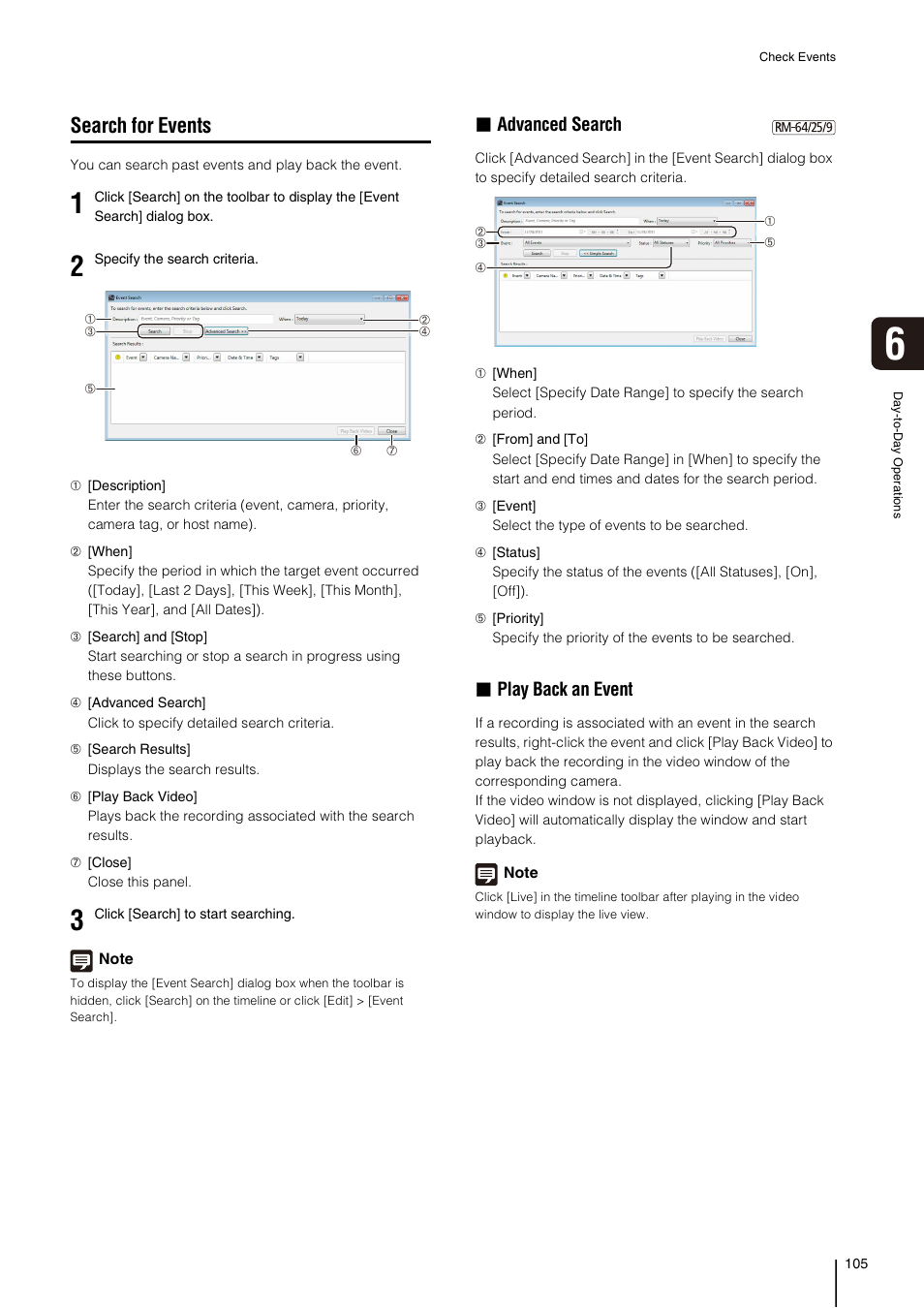 Search for events, S (p. 105), Advanced search | Play back an event | Canon RM-Software User Manual | Page 105 / 138