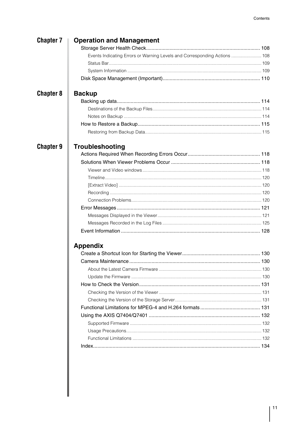 Chapter 7 operation and management, Chapter 8 backup, Chapter 9 troubleshooting | Appendix | Canon RM-Software User Manual | Page 11 / 138