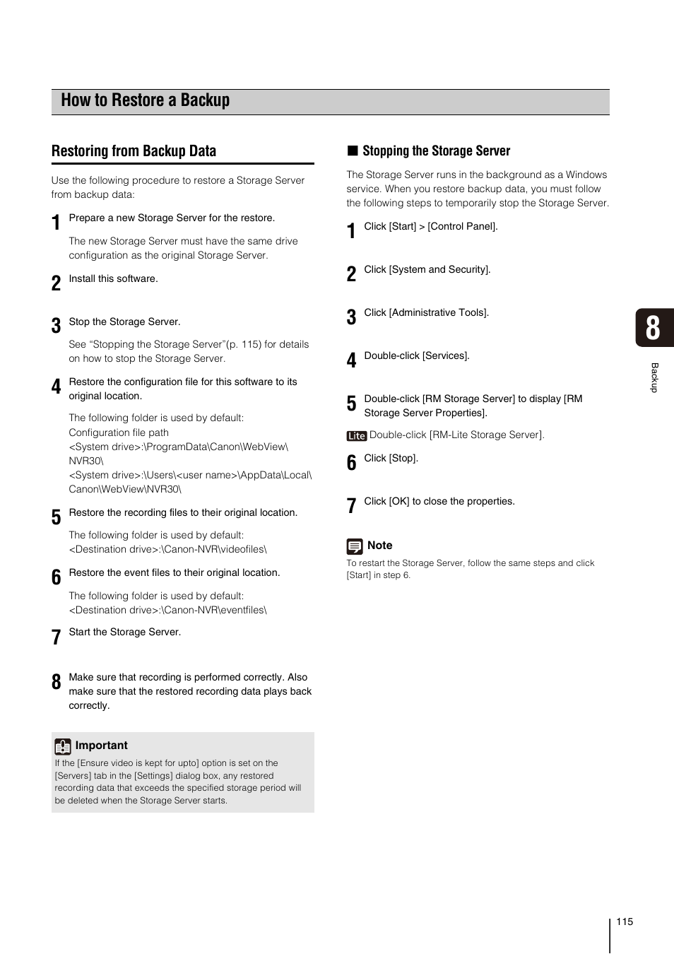 How to restore a backup, Restoring from backup data | Canon RM-Software User Manual | Page 115 / 138