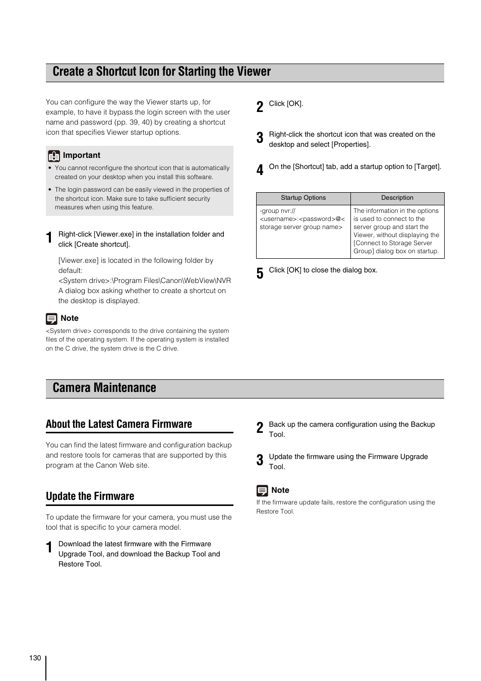 Create a shortcut icon for starting the viewer, Camera maintenance, About the latest camera firmware | Update the firmware, Create a shortcut icon for starting the, Viewer” (p. 130) | Canon RM-Software User Manual | Page 130 / 138