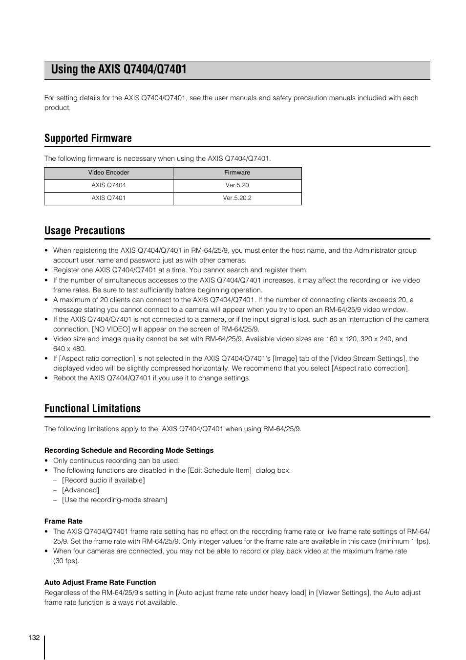 Using the axis q7404/q7401, Supported firmware, Usage precautions | Functional limitations | Canon RM-Software User Manual | Page 132 / 138