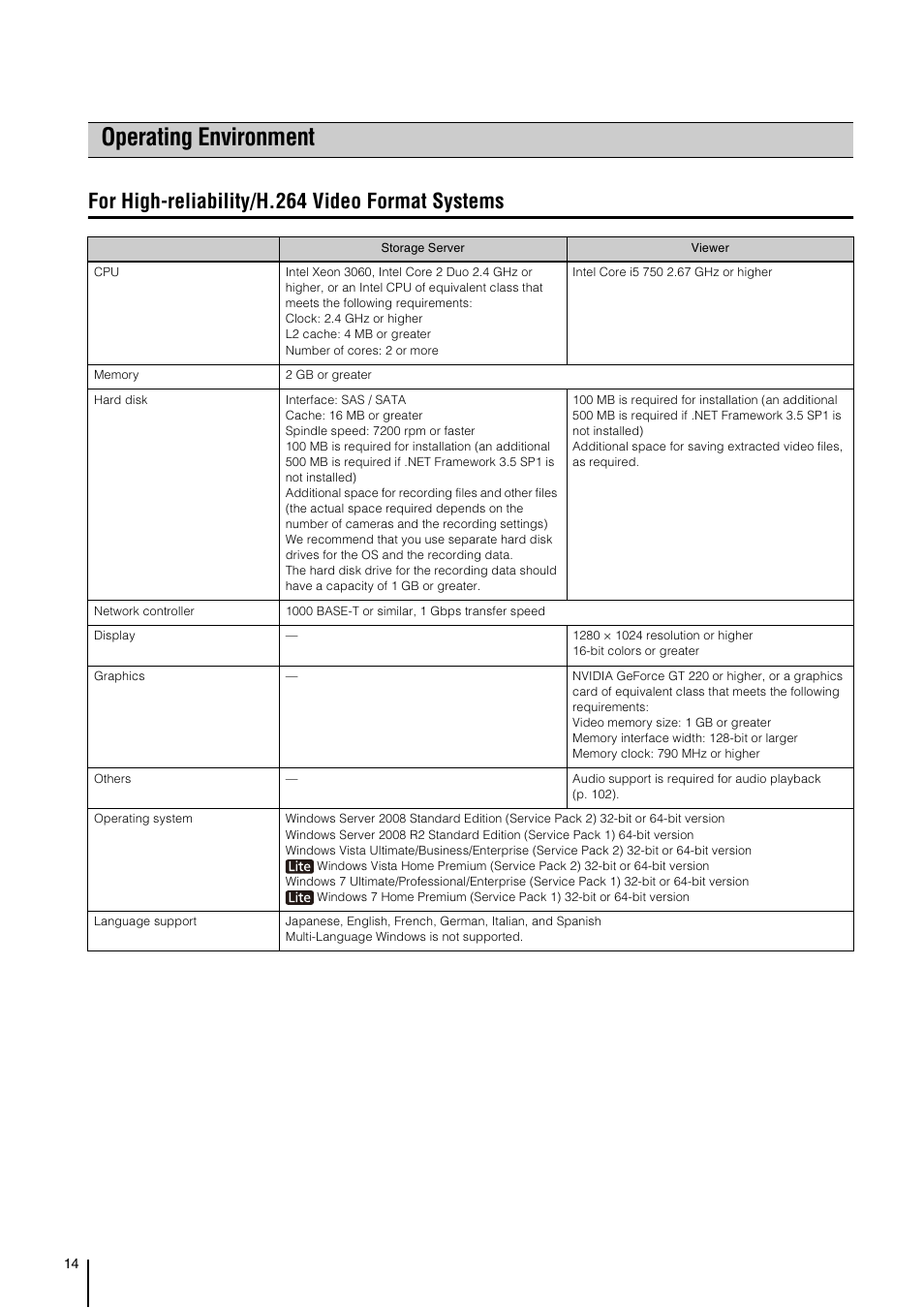 Operating environment, For high-reliability/h.264 video format systems | Canon RM-Software User Manual | Page 14 / 138