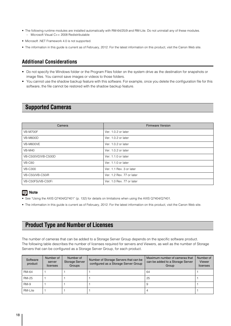 Additional considerations, Supported cameras, Product type and number of licenses | P. 18) | Canon RM-Software User Manual | Page 18 / 138