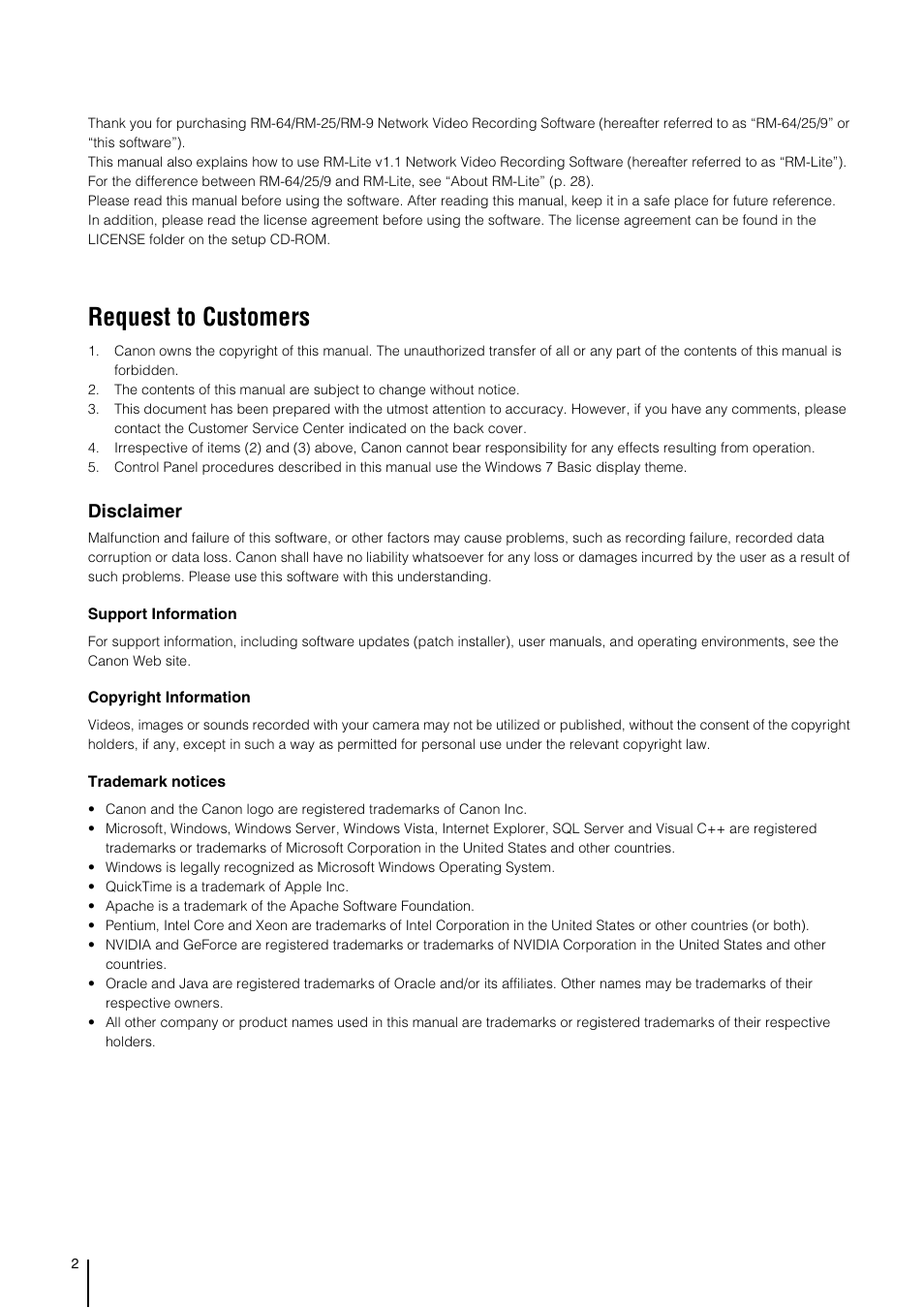 Request to customers, Disclaimer | Canon RM-Software User Manual | Page 2 / 138