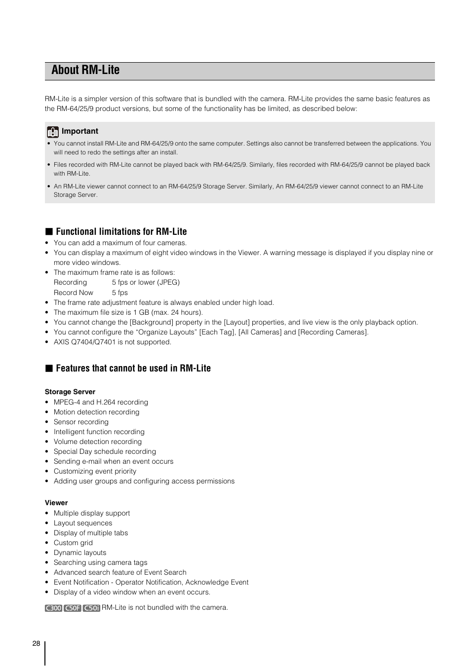 About rm-lite, Functional limitations for rm-lite, Features that cannot be used in rm-lite | Canon RM-Software User Manual | Page 28 / 138