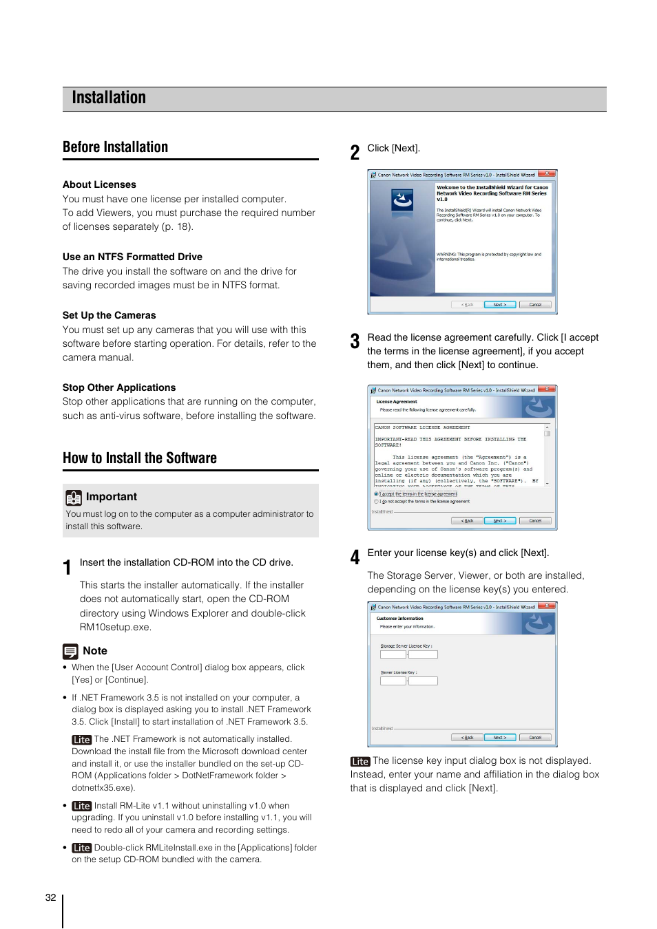 Installation, Before installation, How to install the software | Canon RM-Software User Manual | Page 32 / 138