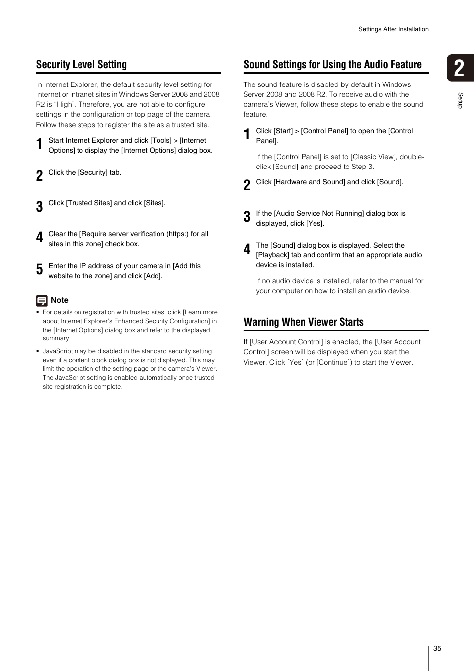 Security level setting, Sound settings for using the audio feature, Warning when viewer starts | Canon RM-Software User Manual | Page 35 / 138