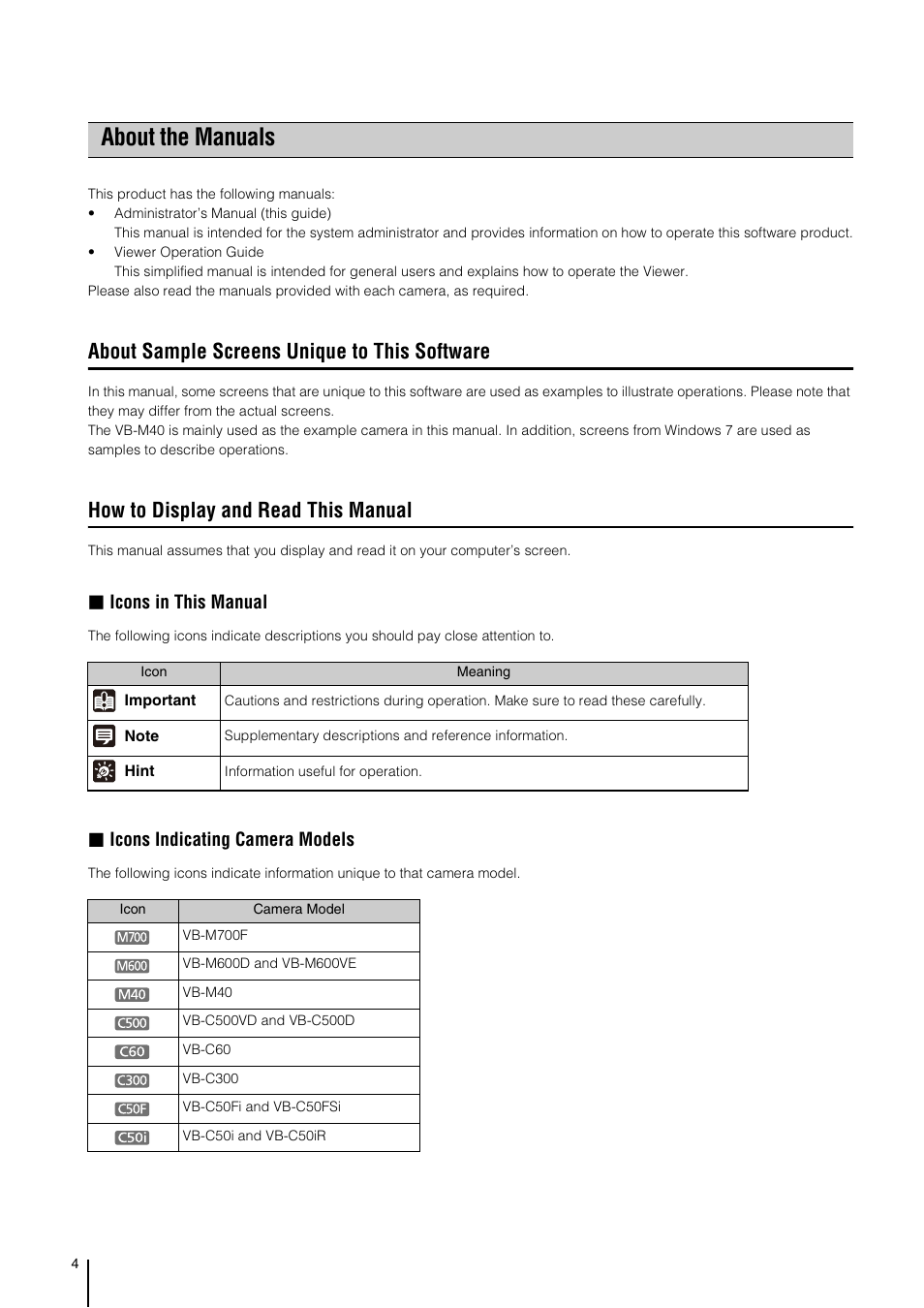 About the manuals, About sample screens unique to this software, How to display and read this manual | Icons in this manual, Icons indicating camera models | Canon RM-Software User Manual | Page 4 / 138