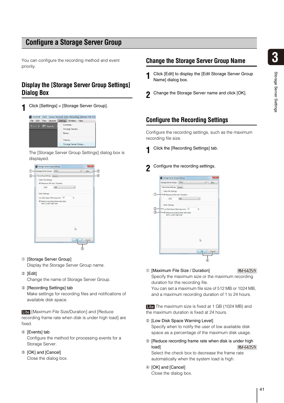 Configure a storage server group, Change the storage server group name, Configure the recording settings | X (p. 41), P. 41) | Canon RM-Software User Manual | Page 41 / 138