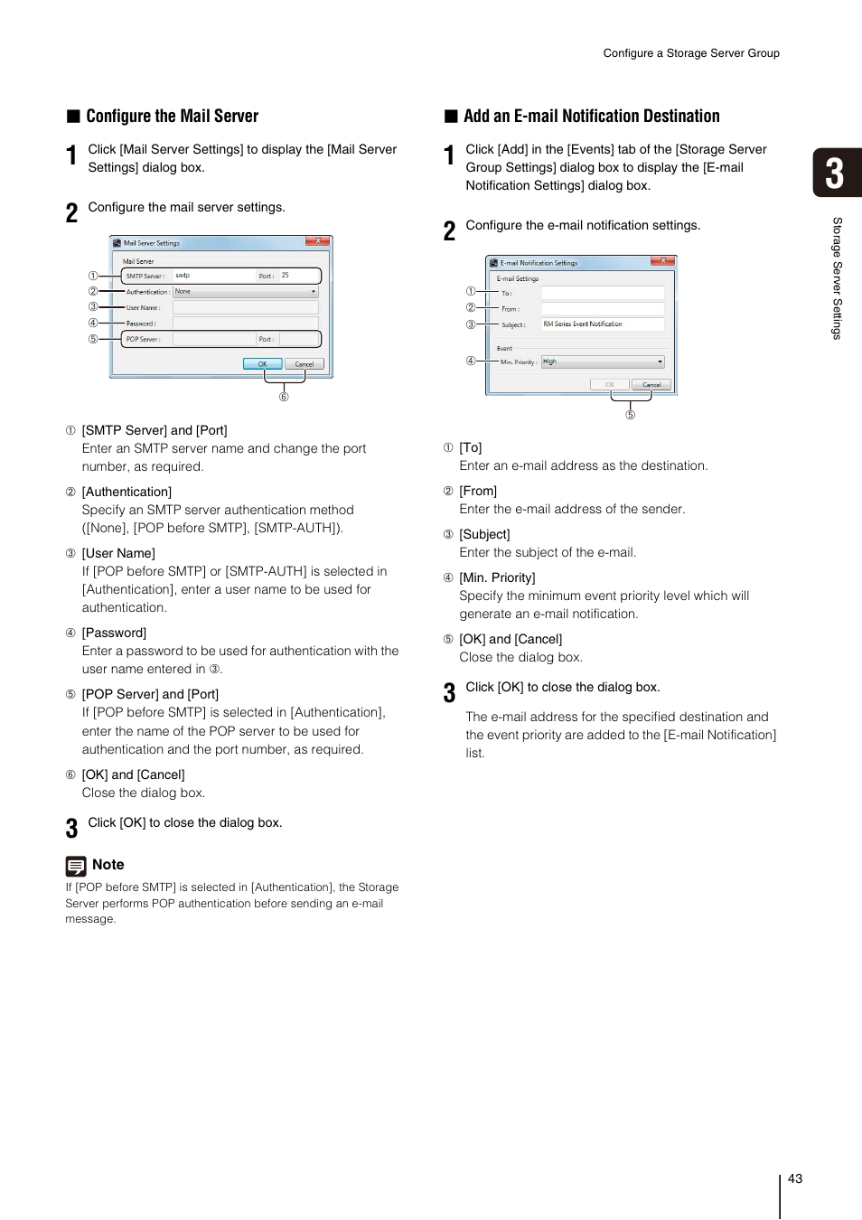 Configure the mail server, Add an e-mail notification destination | Canon RM-Software User Manual | Page 43 / 138