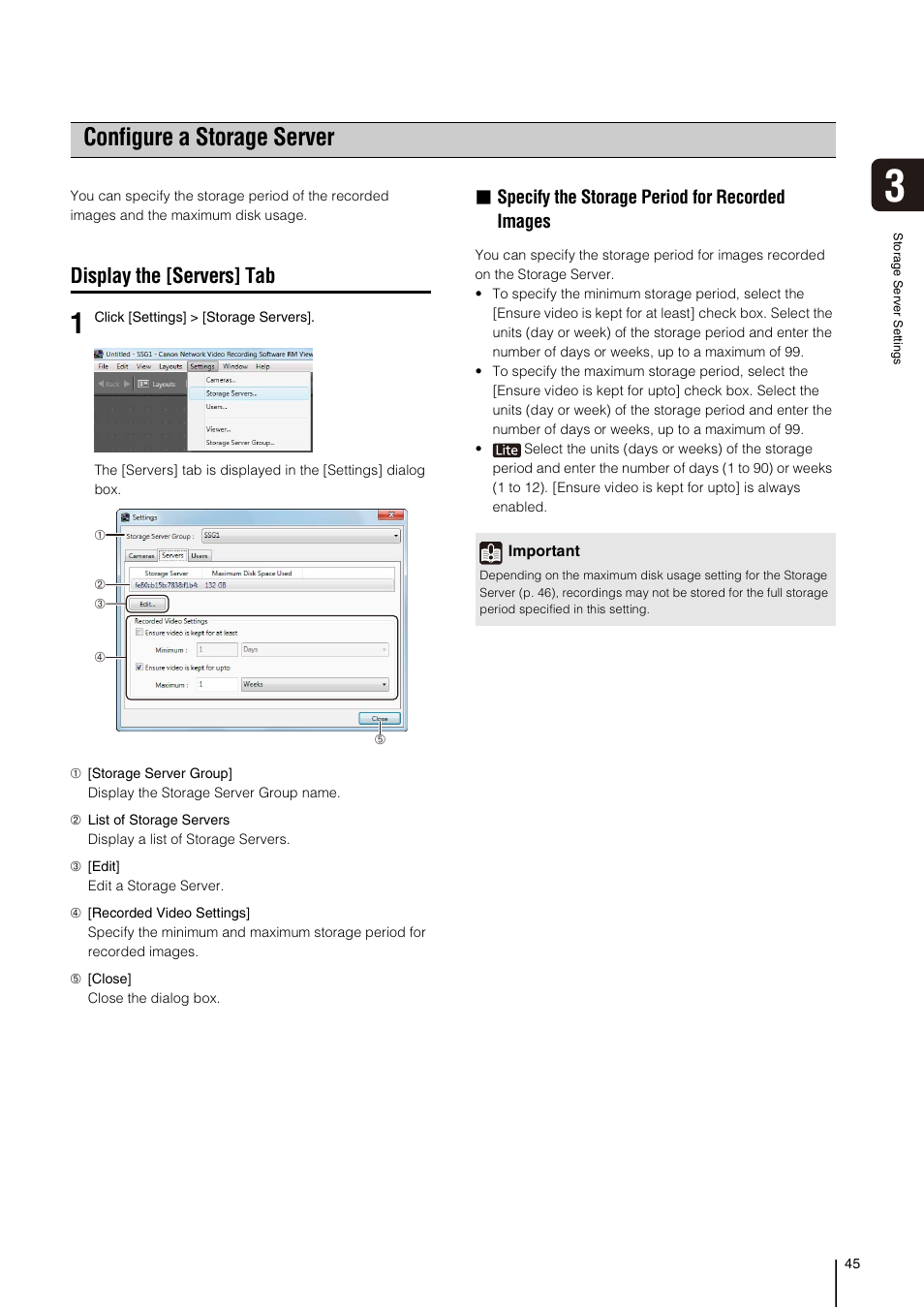 Configure a storage server, Display the [servers] tab, P. 45) | Es (p. 45), Specify the storage period for recorded images | Canon RM-Software User Manual | Page 45 / 138