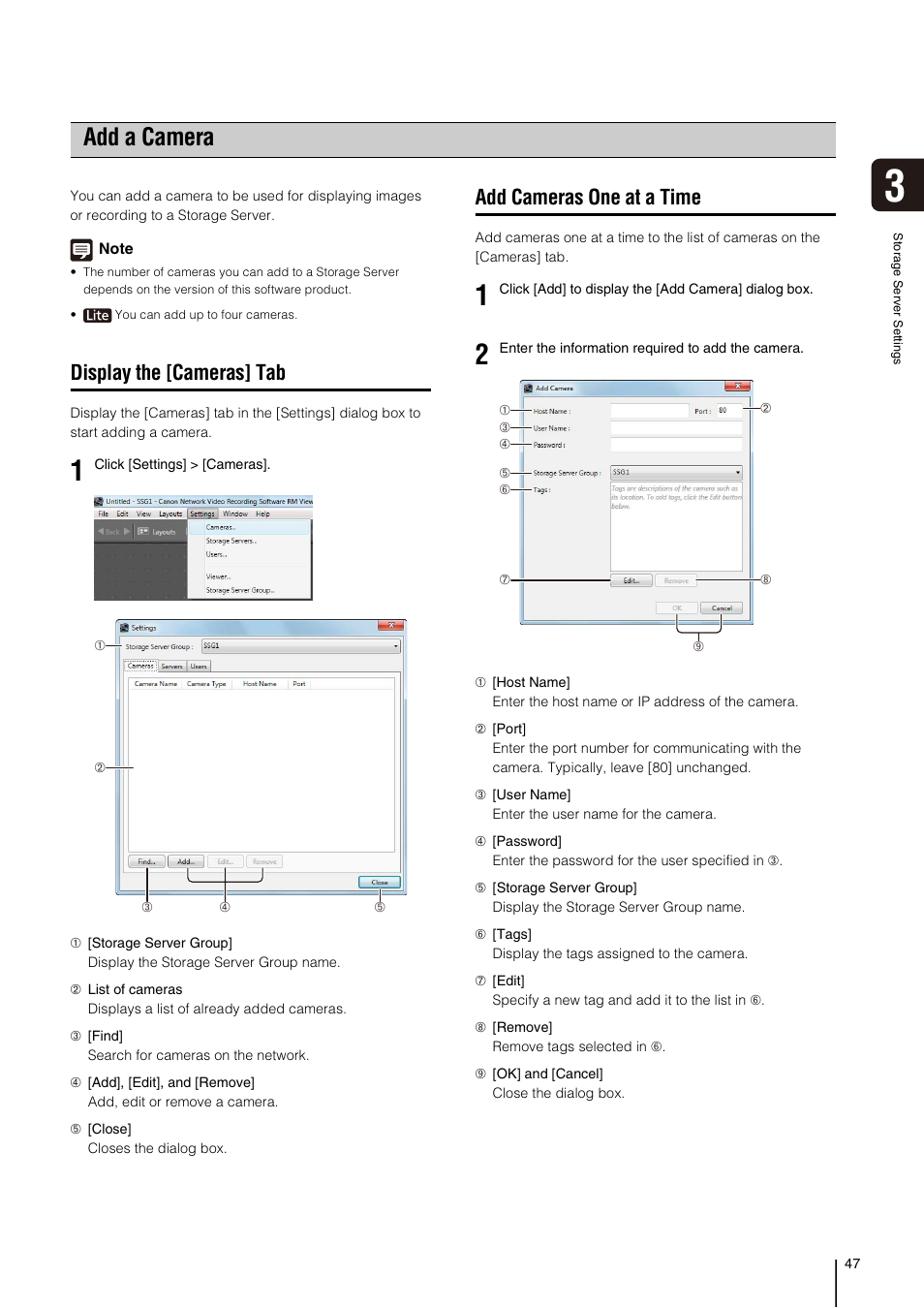 Add a camera, Display the [cameras] tab, Add cameras one at a time | P. 47), See “add cameras one at a time | Canon RM-Software User Manual | Page 47 / 138