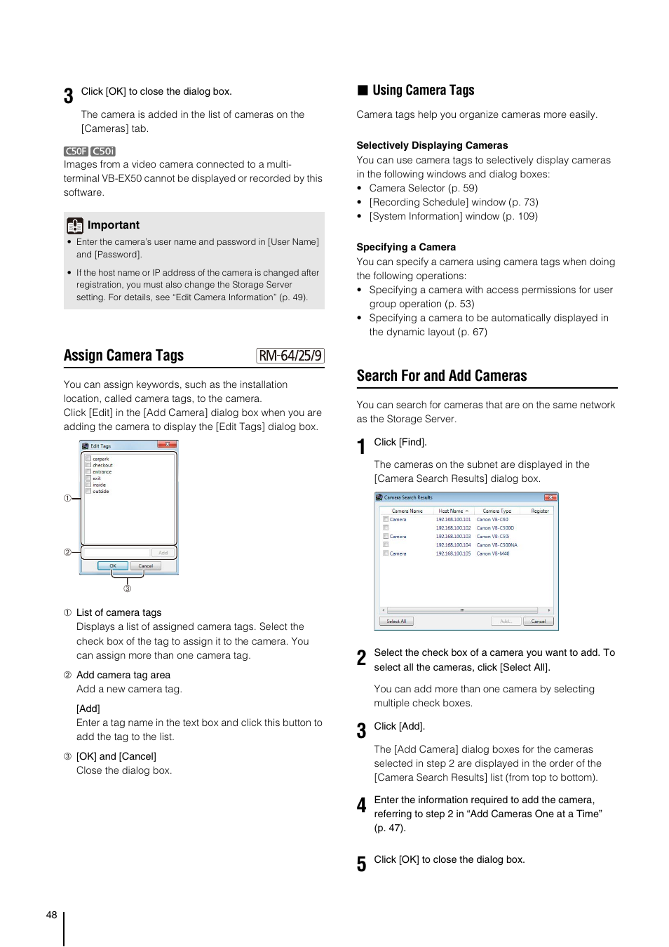 Assign camera tags, Search for and add cameras, P. 48) | Using camera tags | Canon RM-Software User Manual | Page 48 / 138