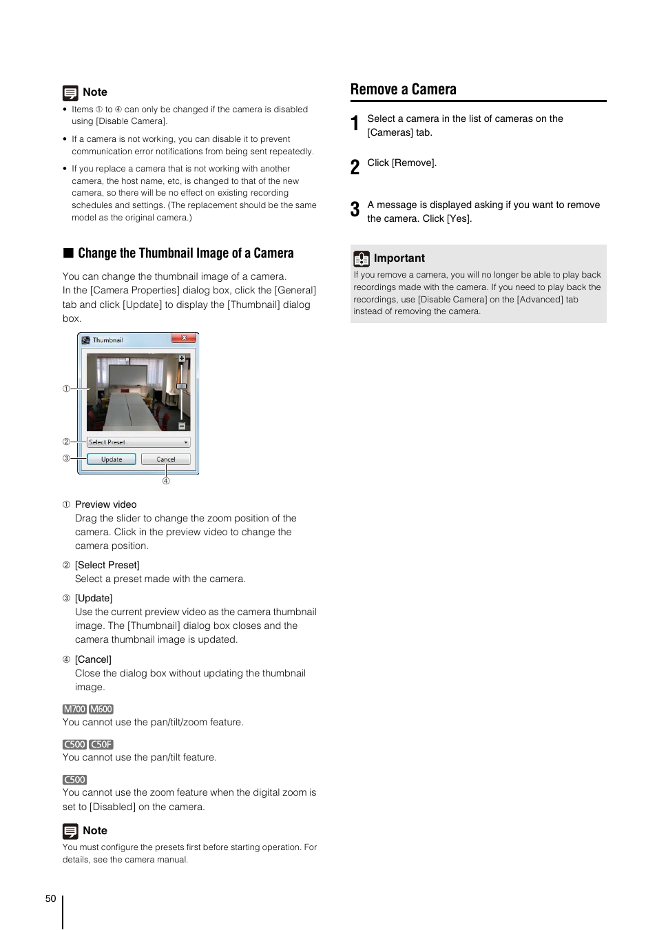 Remove a camera, Change the thumbnail image of a camera | Canon RM-Software User Manual | Page 50 / 138