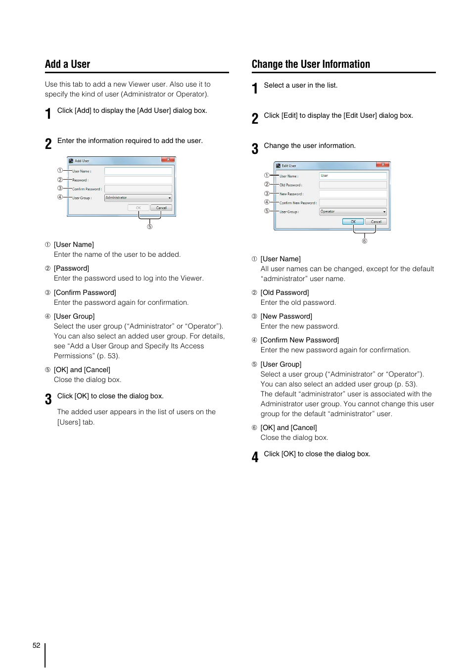 Add a user, Change the user information, P. 52) | Canon RM-Software User Manual | Page 52 / 138