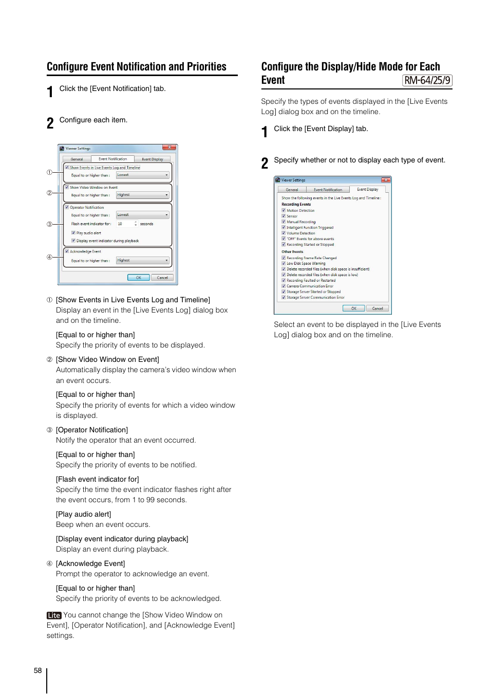 Configure event notification and priorities, Configure the display/hide mode for each event, P. 58) | Es (p. 58) | Canon RM-Software User Manual | Page 58 / 138