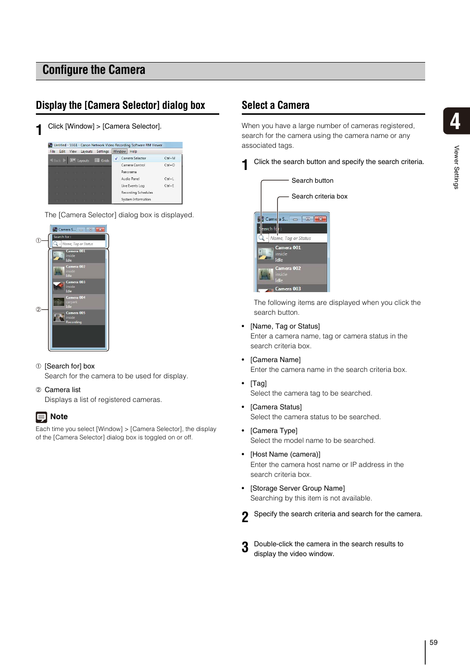 Configure the camera, Display the [camera selector] dialog box, Select a camera | Or (p. 59), P. 59), A (p. 59) | Canon RM-Software User Manual | Page 59 / 138