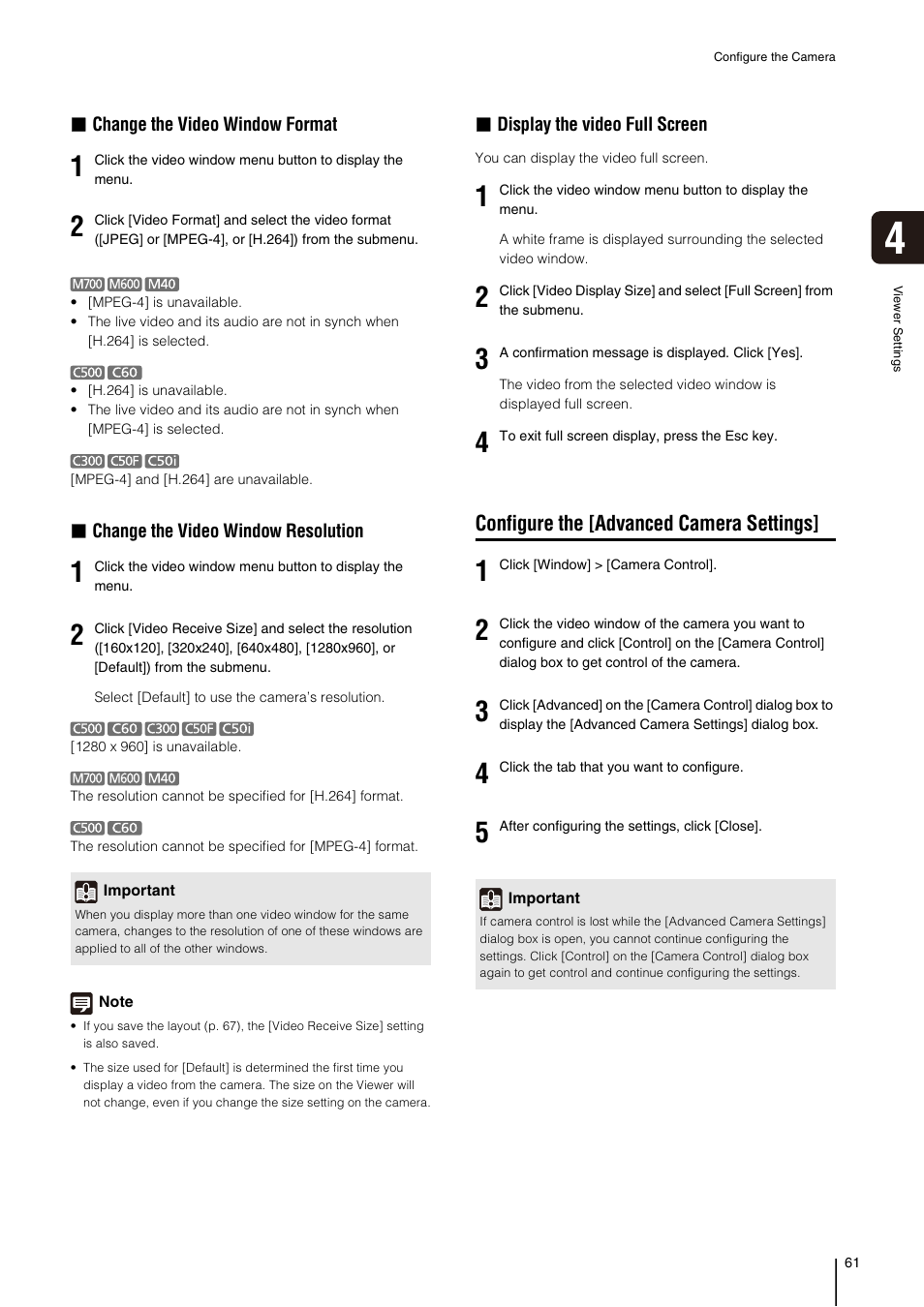 Configure the [advanced camera settings, P. 61), Change the video window resolution | Display the video full screen | Canon RM-Software User Manual | Page 61 / 138