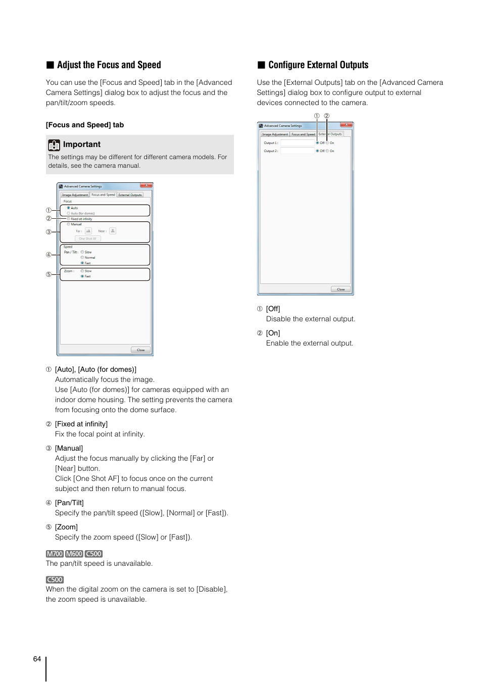 Adjust the focus and speed, Configure external outputs | Canon RM-Software User Manual | Page 64 / 138