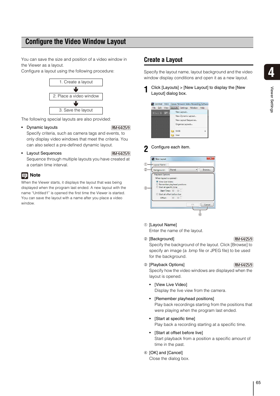 Configure the video window layout, Create a layout, P. 65 | Canon RM-Software User Manual | Page 65 / 138