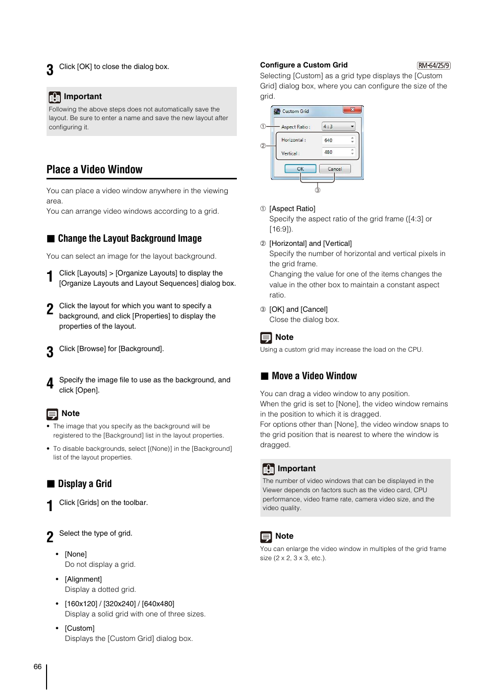 Place a video window, P. 66), Change the layout background image | Display a grid, Move a video window | Canon RM-Software User Manual | Page 66 / 138