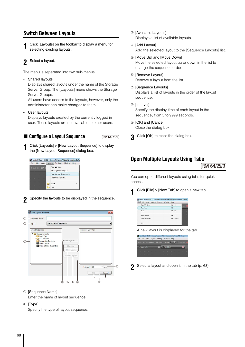 Switch between layouts, Open multiple layouts using tabs, Nce (p. 68) | Canon RM-Software User Manual | Page 68 / 138