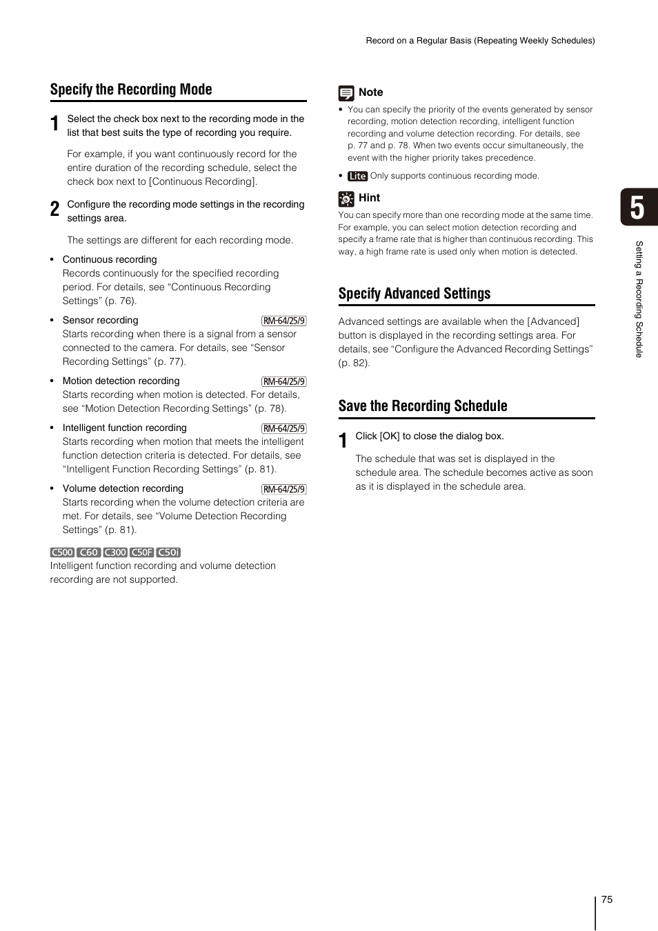 Specify the recording mode, Specify advanced settings, Save the recording schedule | Canon RM-Software User Manual | Page 75 / 138