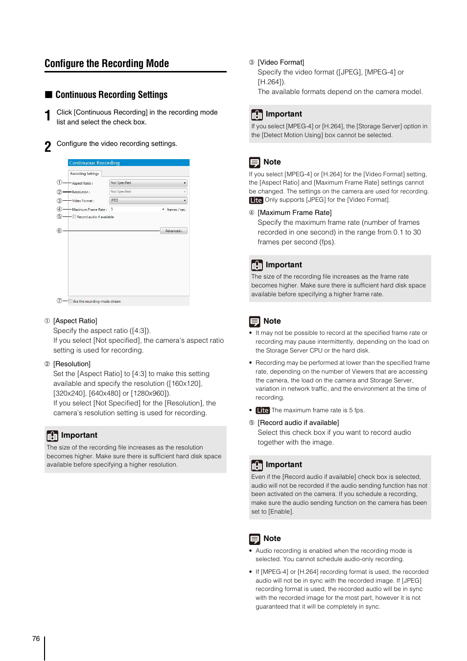 Configure the recording mode, T (p. 76), P. 76) | Continuous recording, Settings” (p. 76, Continuous recording settings | Canon RM-Software User Manual | Page 76 / 138