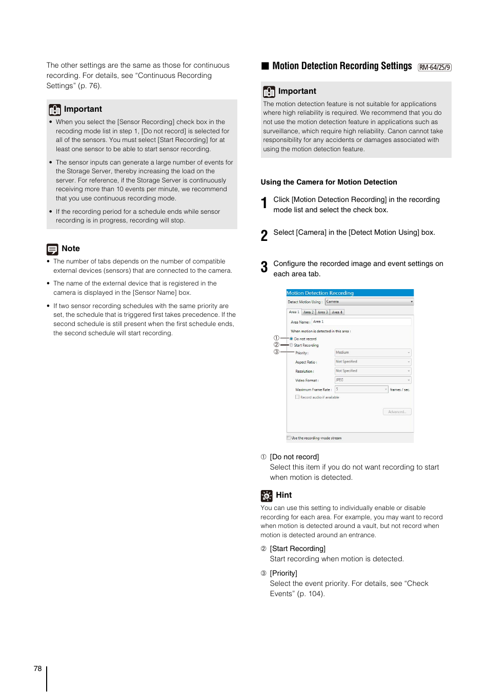 P. 78), Motion detection recording settings” (p. 78, P. 78 | Motion detection recording settings | Canon RM-Software User Manual | Page 78 / 138